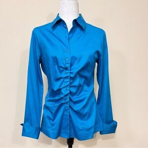 NEW Antonio Melani Cotton Turquoise Ruched Ruffled Front Button Shirt Blouse M